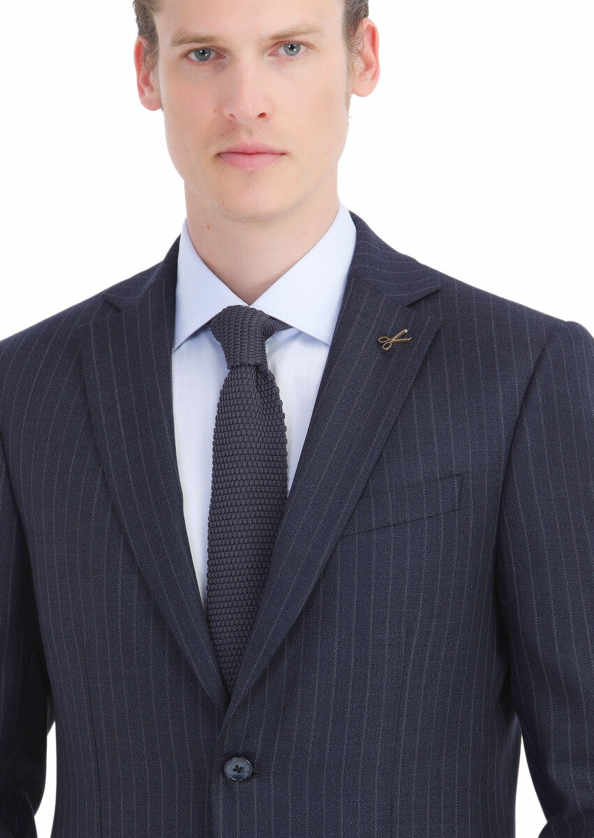 Navy Blue Striped Modern Fit Wool Blended Suit - 4