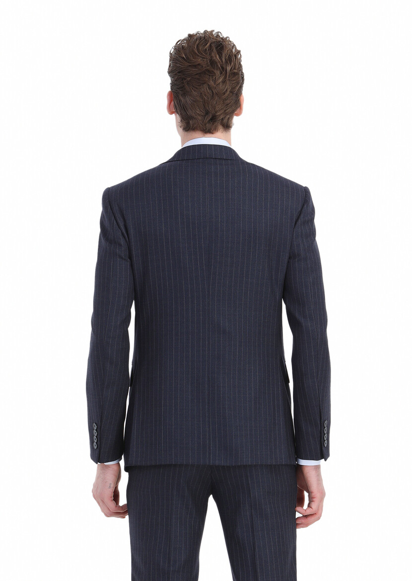 Navy Blue Striped Modern Fit Wool Blended Suit - 6