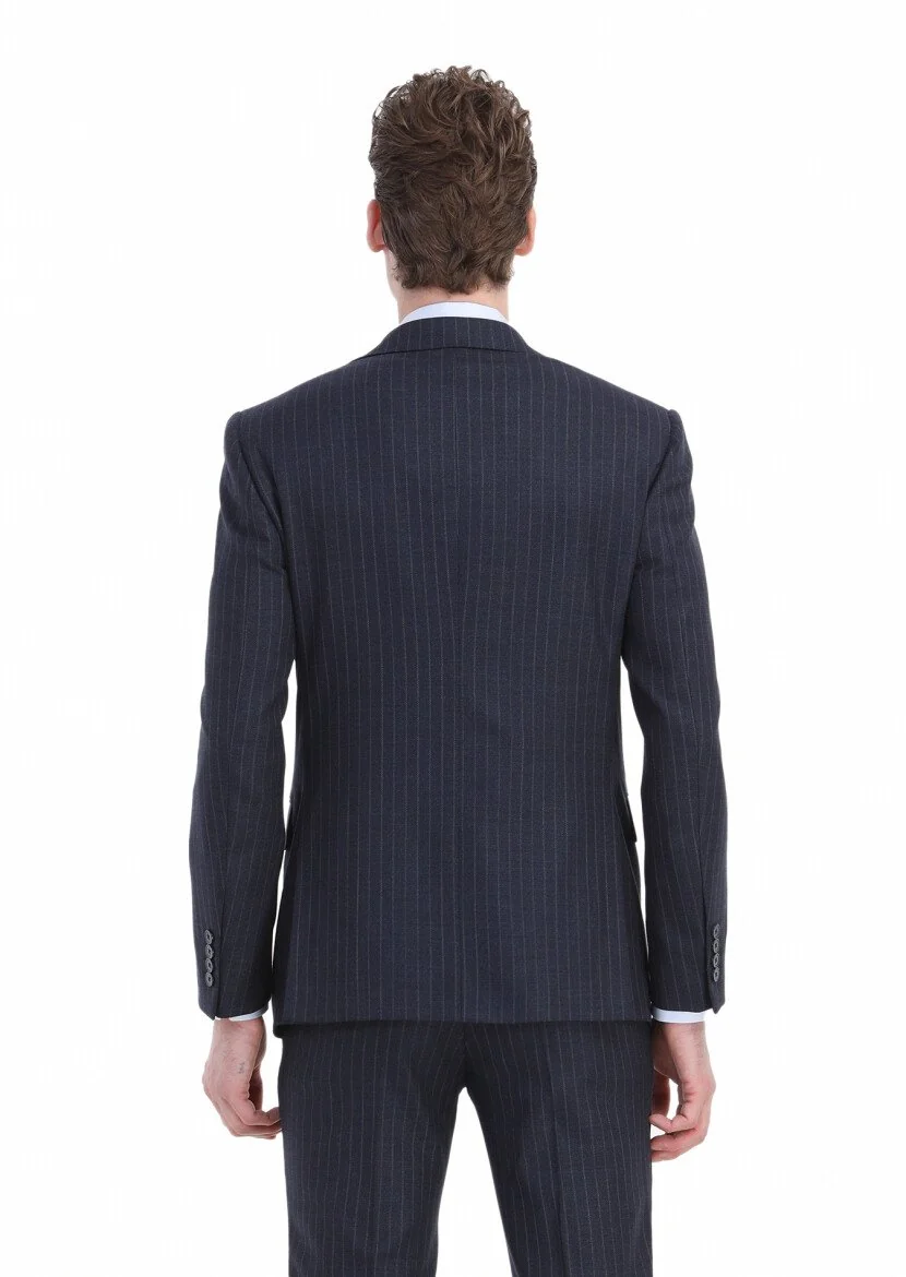 Navy Blue Striped Modern Fit Wool Blended Suit - 6