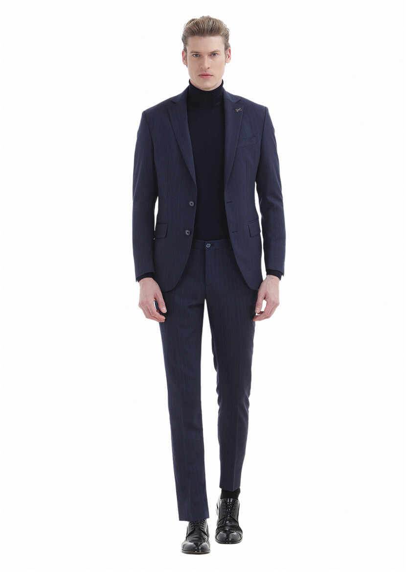 Navy Blue Striped Modern Fit Wool Blended Suit - 1