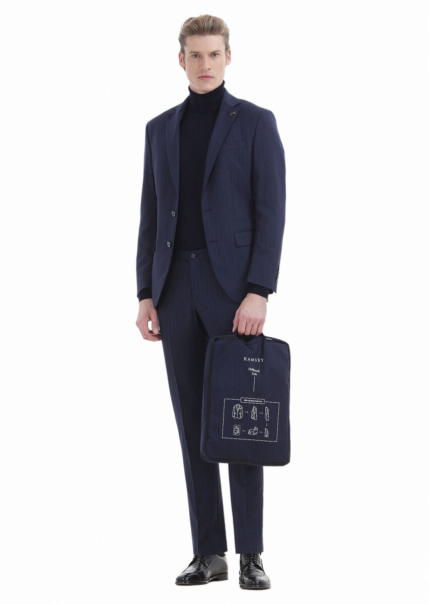 Navy Blue Striped Modern Fit Wool Blended Suit - 2