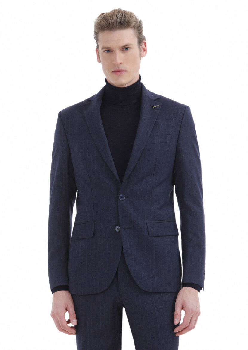 Navy Blue Striped Modern Fit Wool Blended Suit - 3