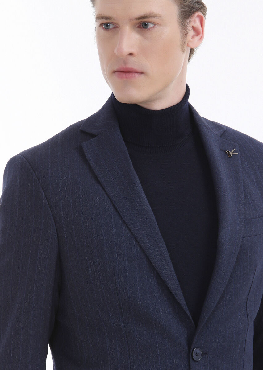 Navy Blue Striped Modern Fit Wool Blended Suit - 4