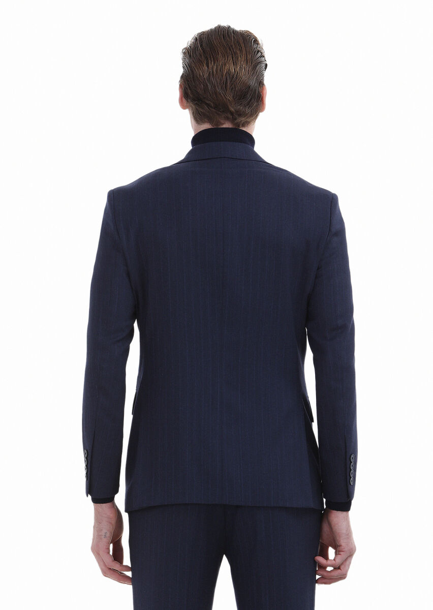 Navy Blue Striped Modern Fit Wool Blended Suit - 6