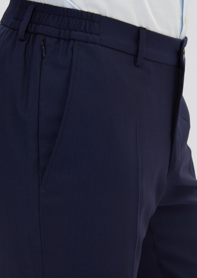 Navy Blue Striped Modern Fit Wool Blended Suit - 7