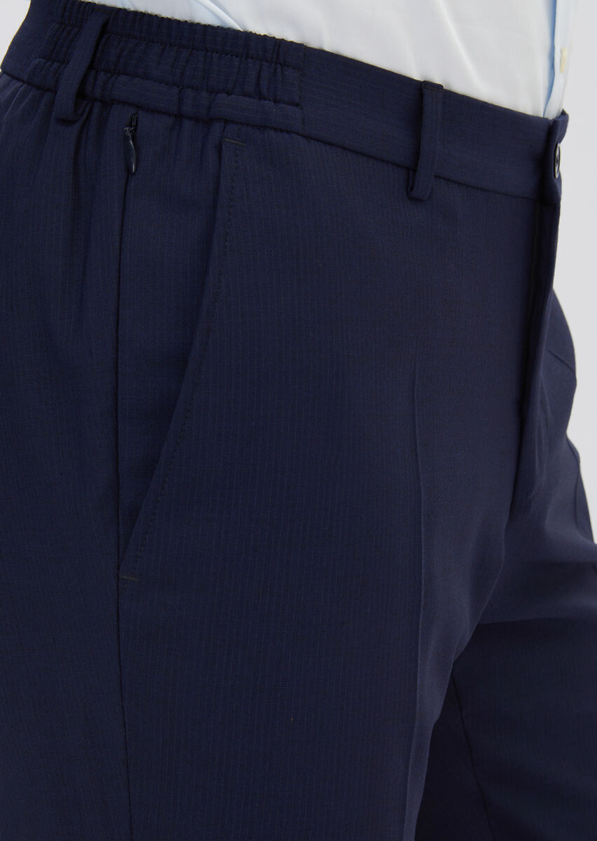 Navy Blue Striped Modern Fit Wool Blended Suit - 7