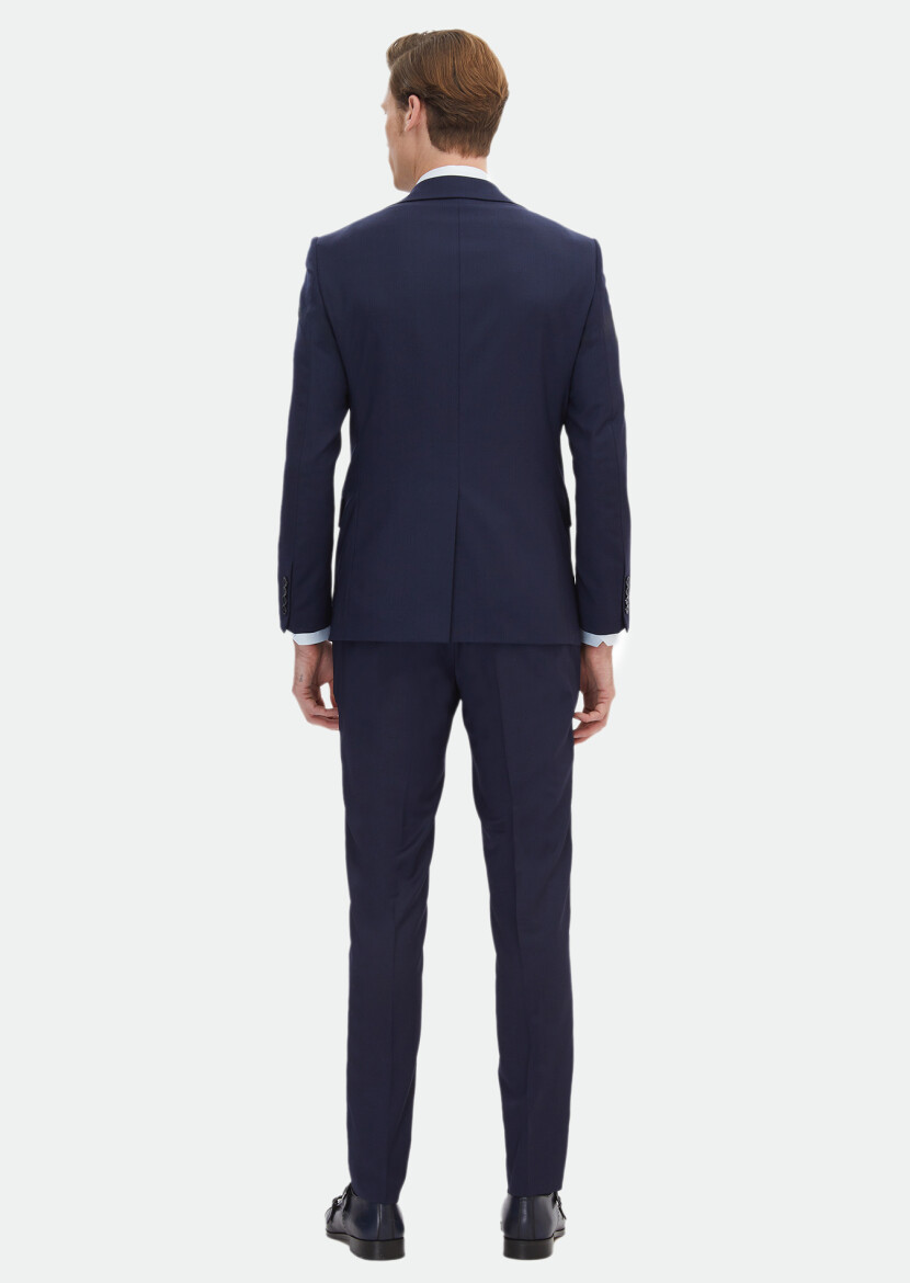 Navy Blue Striped Modern Fit Wool Blended Suit - 9