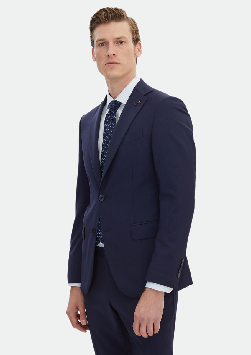 Navy Blue Striped Modern Fit Wool Blended Suit - 1