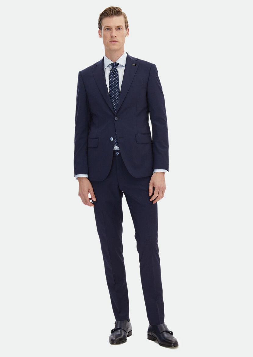 Navy Blue Striped Modern Fit Wool Blended Suit - 2