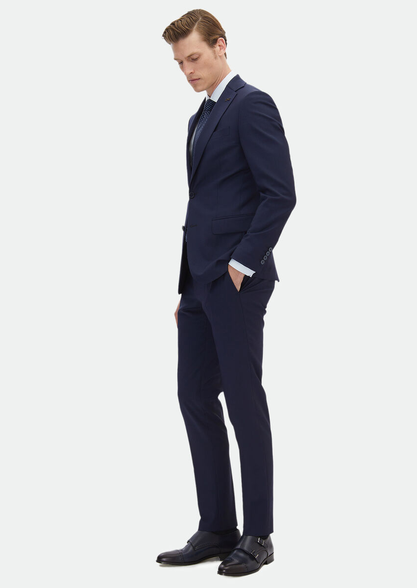 Navy Blue Striped Modern Fit Wool Blended Suit - 3