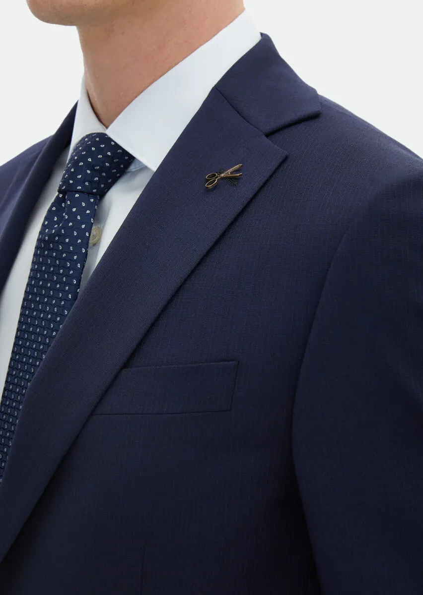 Navy Blue Striped Modern Fit Wool Blended Suit - 5