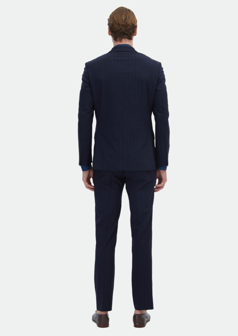 Navy Blue Striped Modern Fit Wool Blended Suit - 6