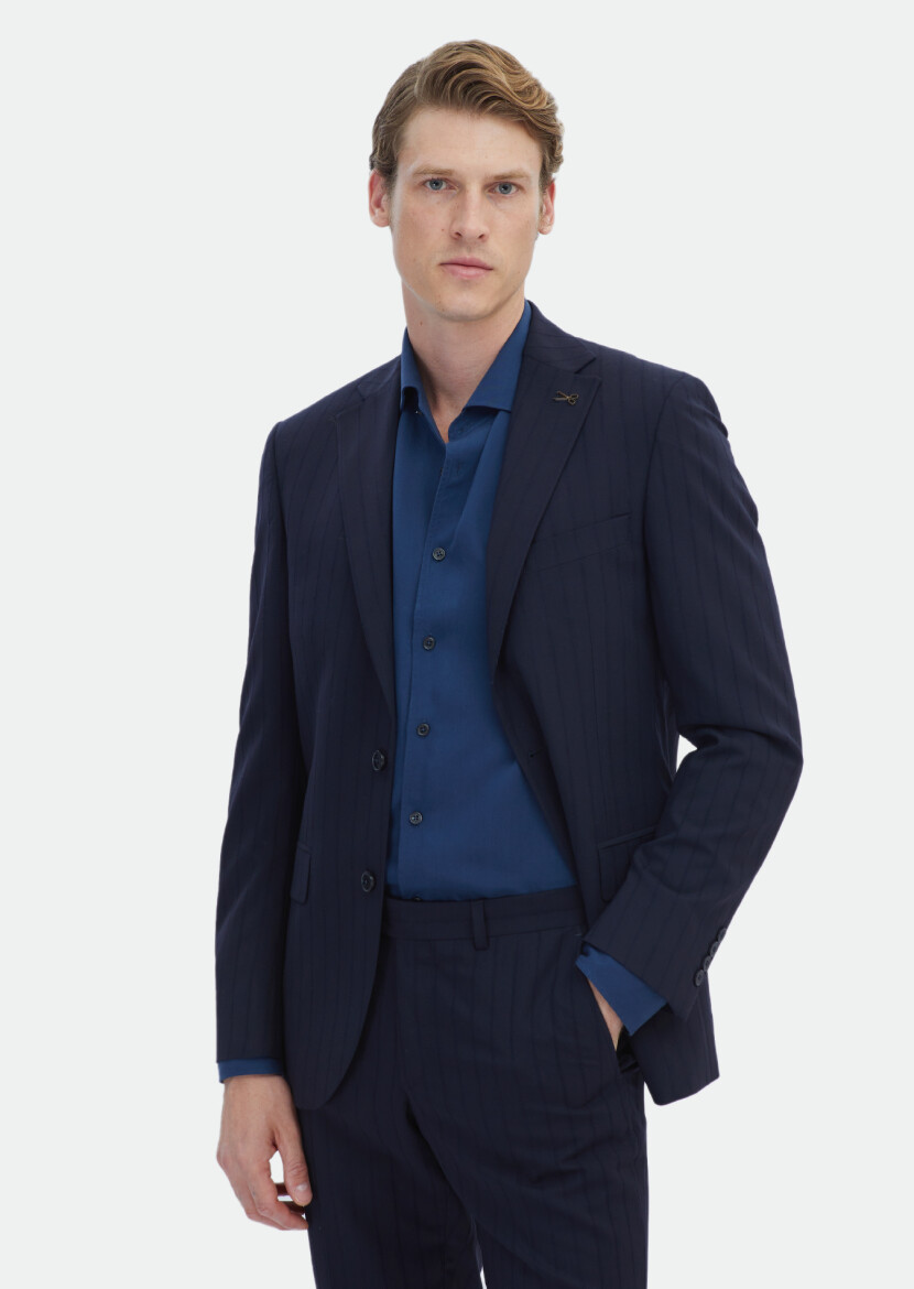 Navy Blue Striped Modern Fit Wool Blended Suit - 1