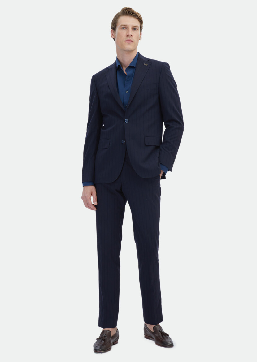 Navy Blue Striped Modern Fit Wool Blended Suit - 2