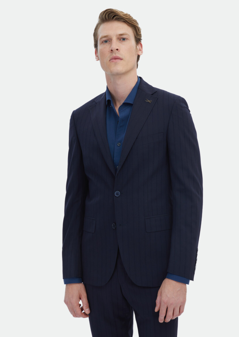 Navy Blue Striped Modern Fit Wool Blended Suit - 3