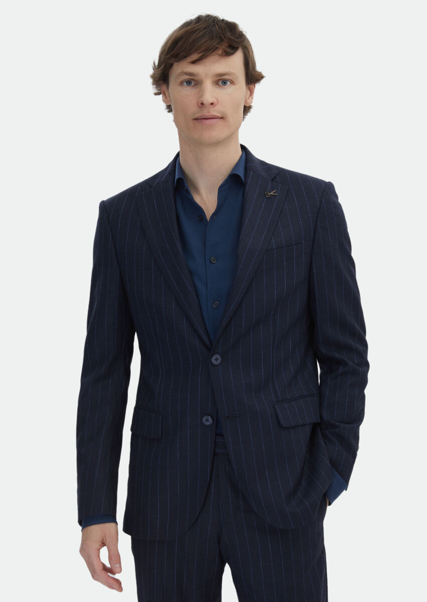 Navy Blue Striped Modern Fit Wool Blended Suit - 1