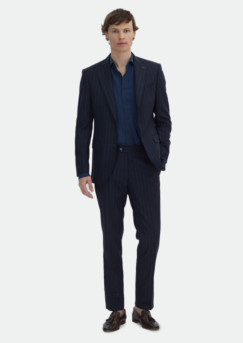 Navy Blue Striped Modern Fit Wool Blended Suit - 2