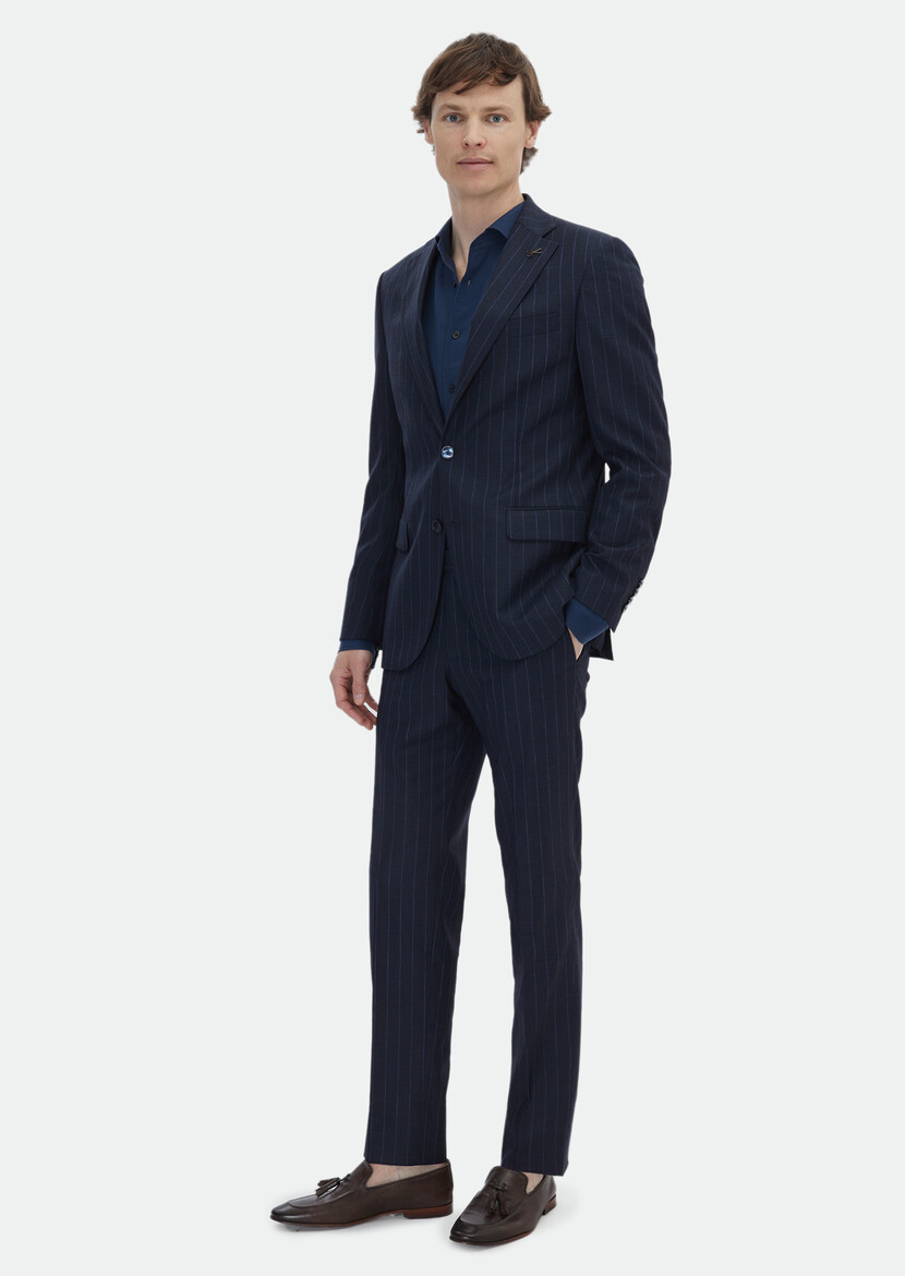 Navy Blue Striped Modern Fit Wool Blended Suit - 3