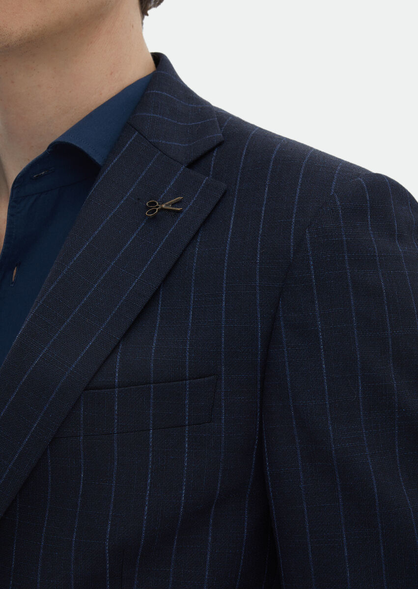 Navy Blue Striped Modern Fit Wool Blended Suit - 5