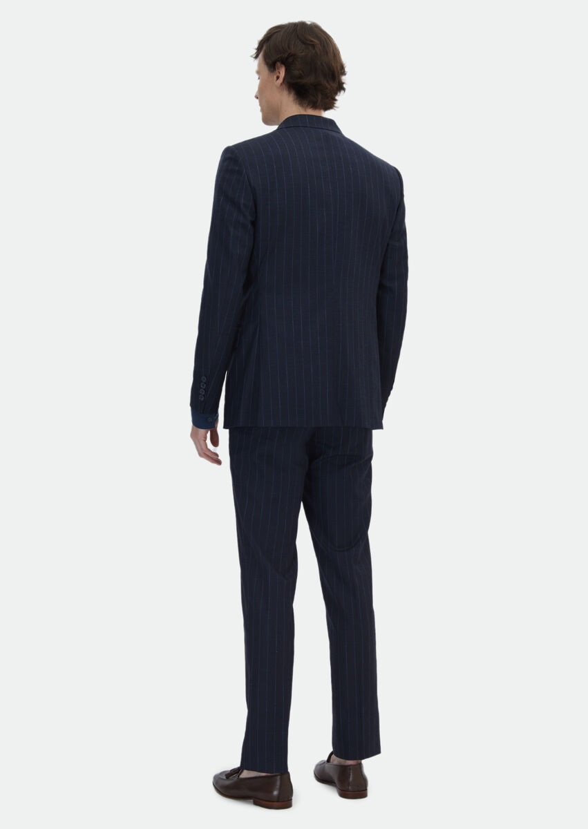 Navy Blue Striped Modern Fit Wool Blended Suit - 6