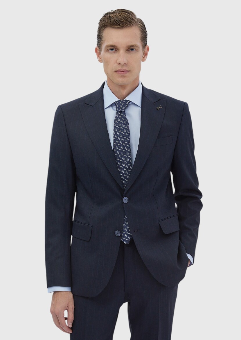 Navy Blue Striped Modern Fit Wool Blended Suit - 1