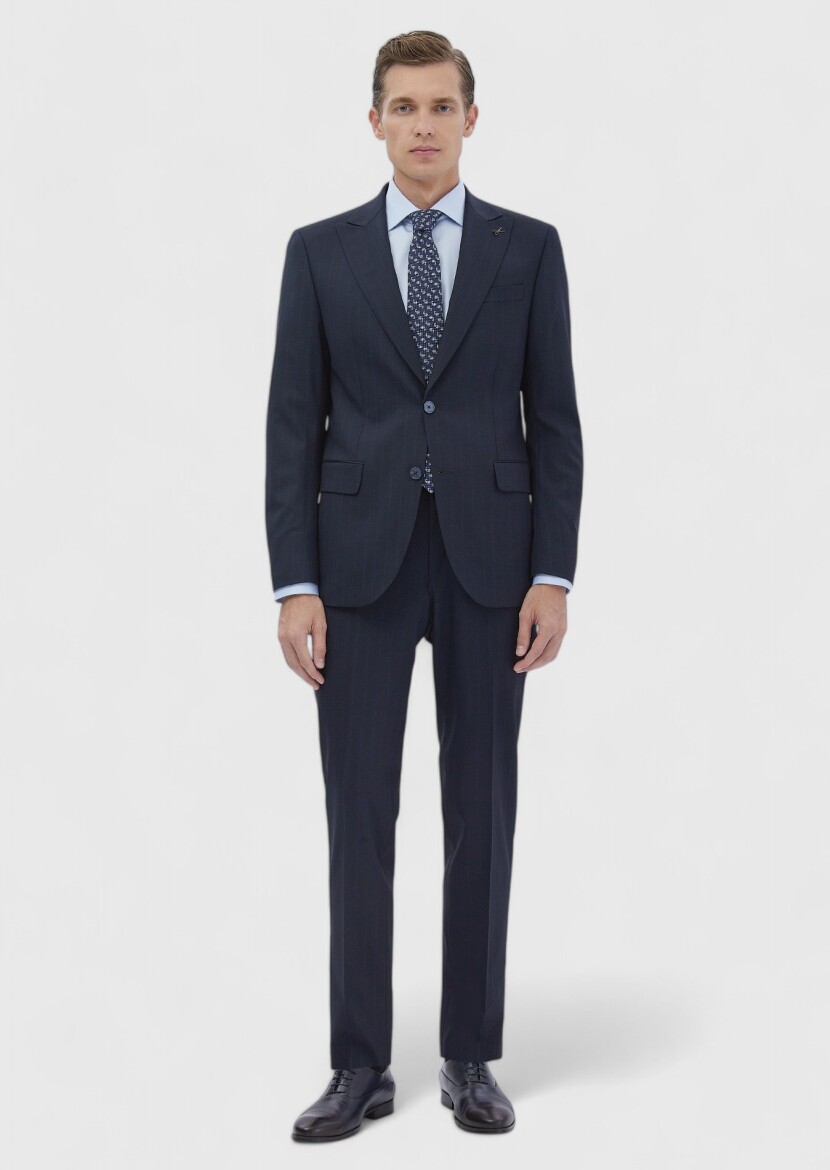 Navy Blue Striped Modern Fit Wool Blended Suit - 2