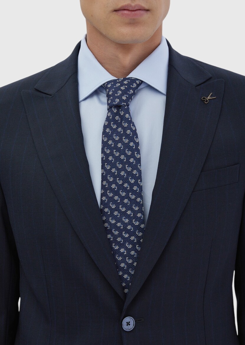 Navy Blue Striped Modern Fit Wool Blended Suit - 4