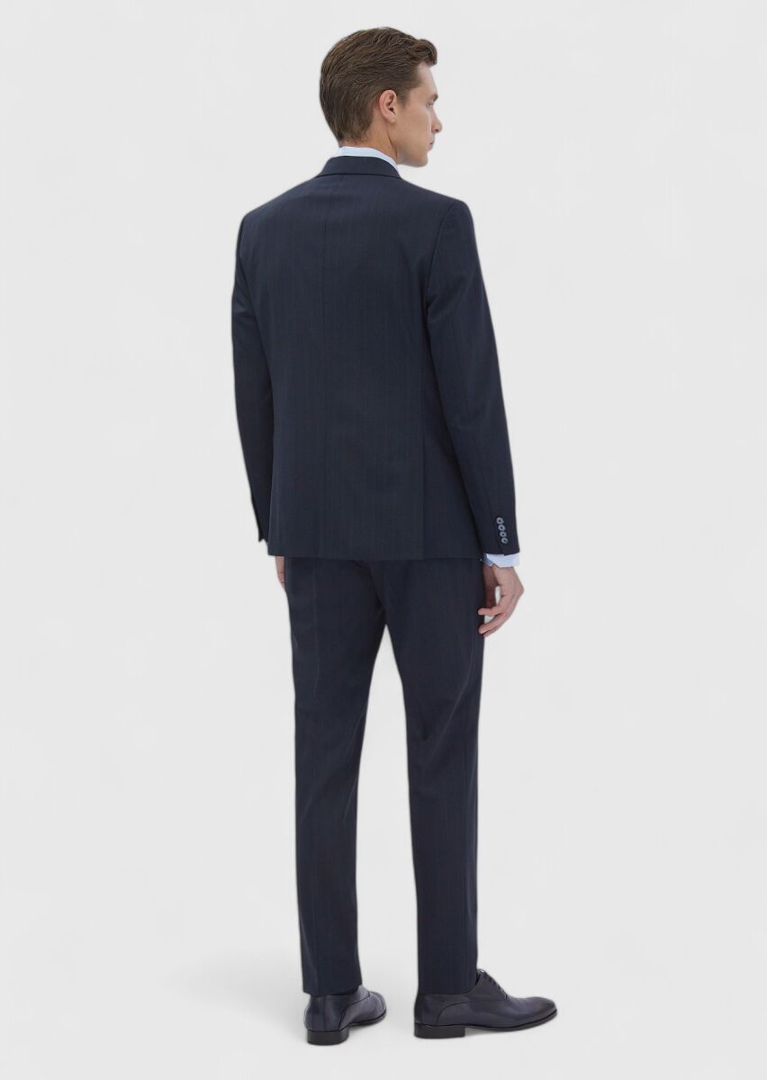 Navy Blue Striped Modern Fit Wool Blended Suit - 7