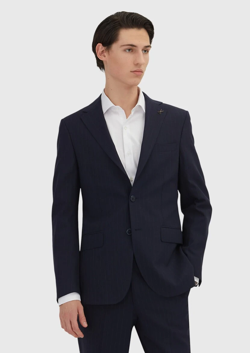 Navy Blue Striped Modern Fit Wool Blended Suit - RAMSEY