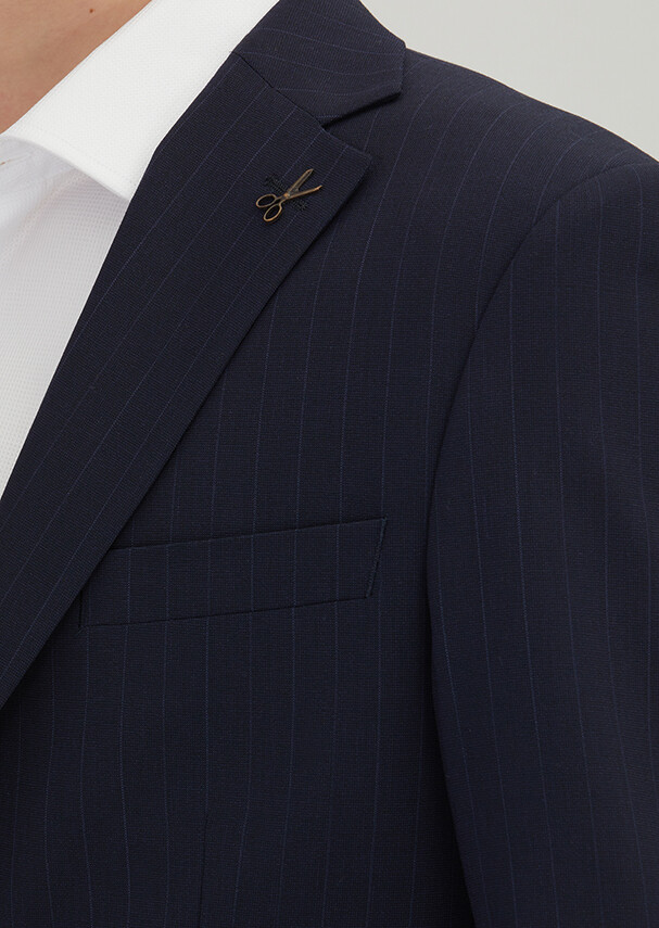 Navy Blue Striped Modern Fit Wool Blended Suit - 3