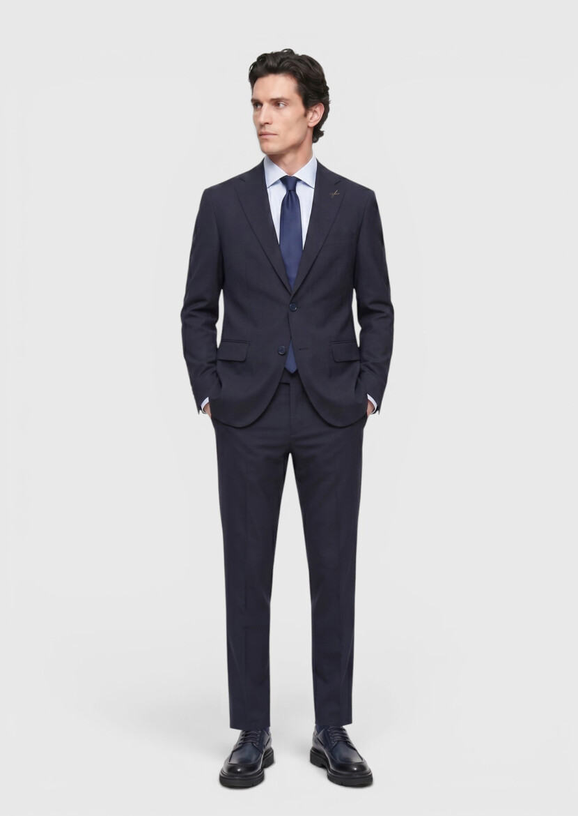 Navy Blue Striped Modern Fit Wool Blended Suit - RAMSEY