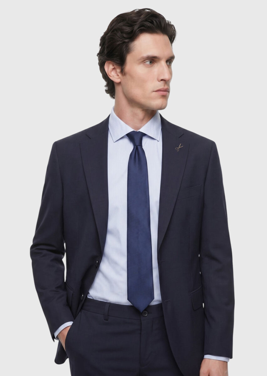 Navy Blue Striped Modern Fit Wool Blended Suit - 2