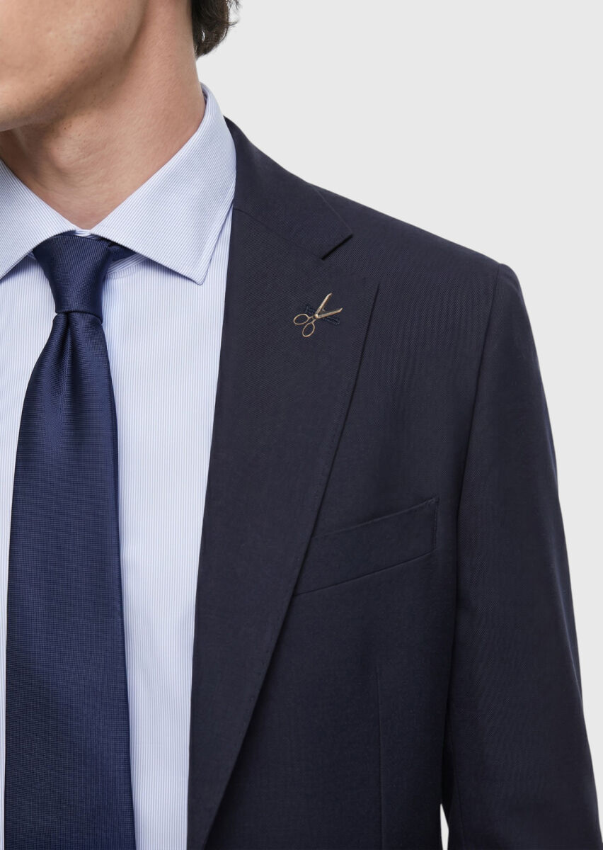 Navy Blue Striped Modern Fit Wool Blended Suit - 3