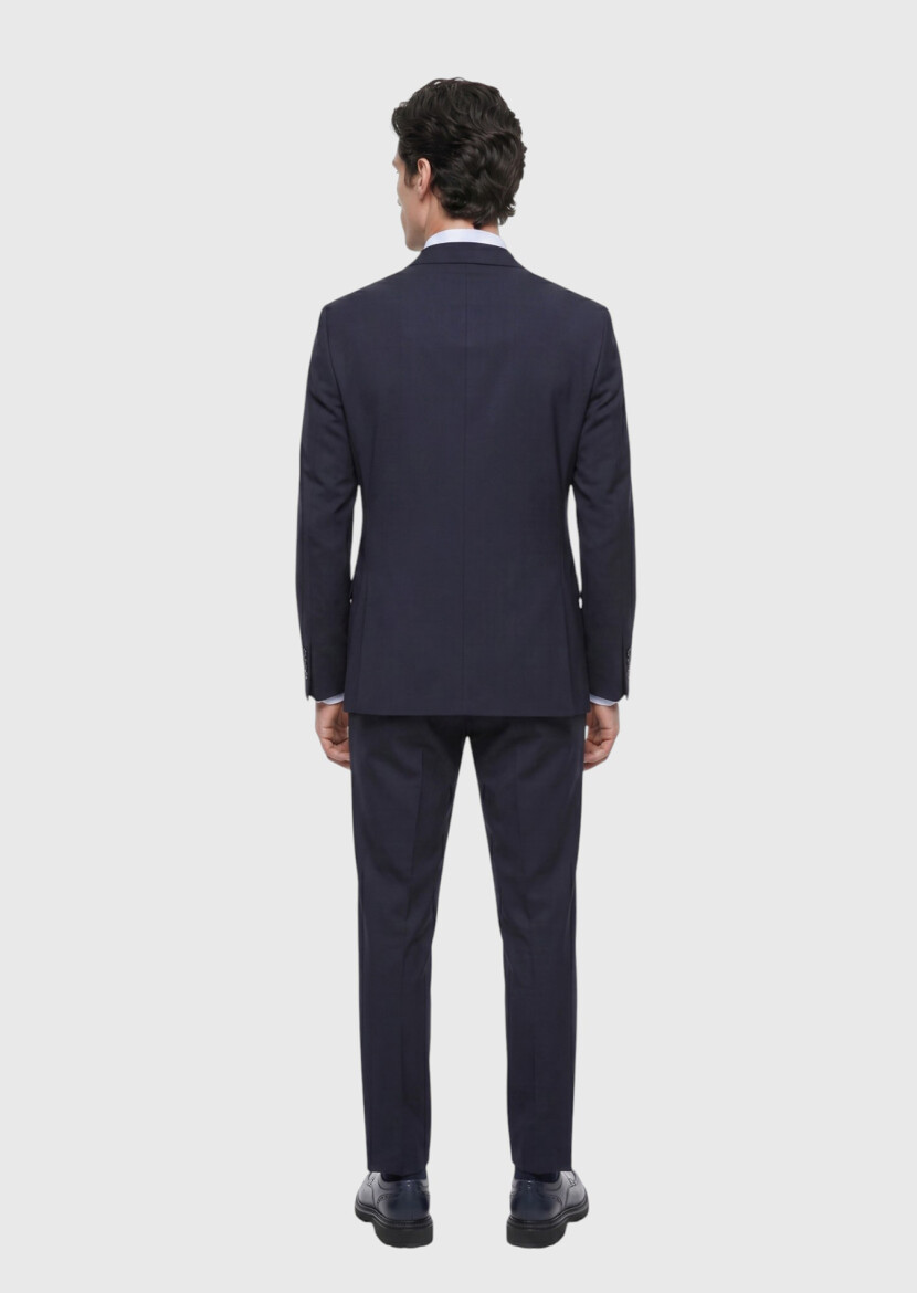 Navy Blue Striped Modern Fit Wool Blended Suit - 4