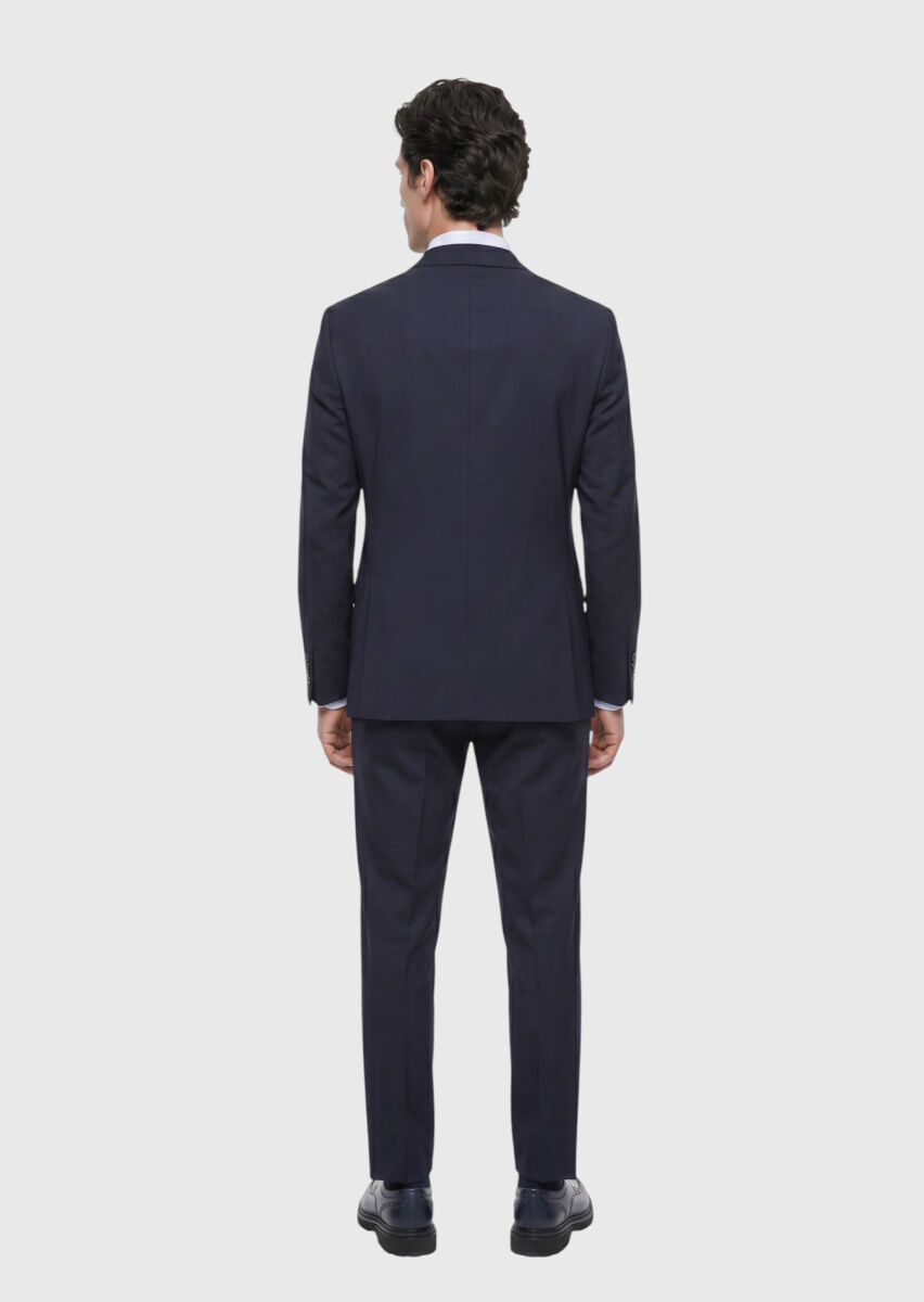 Navy Blue Striped Modern Fit Wool Blended Suit - 4