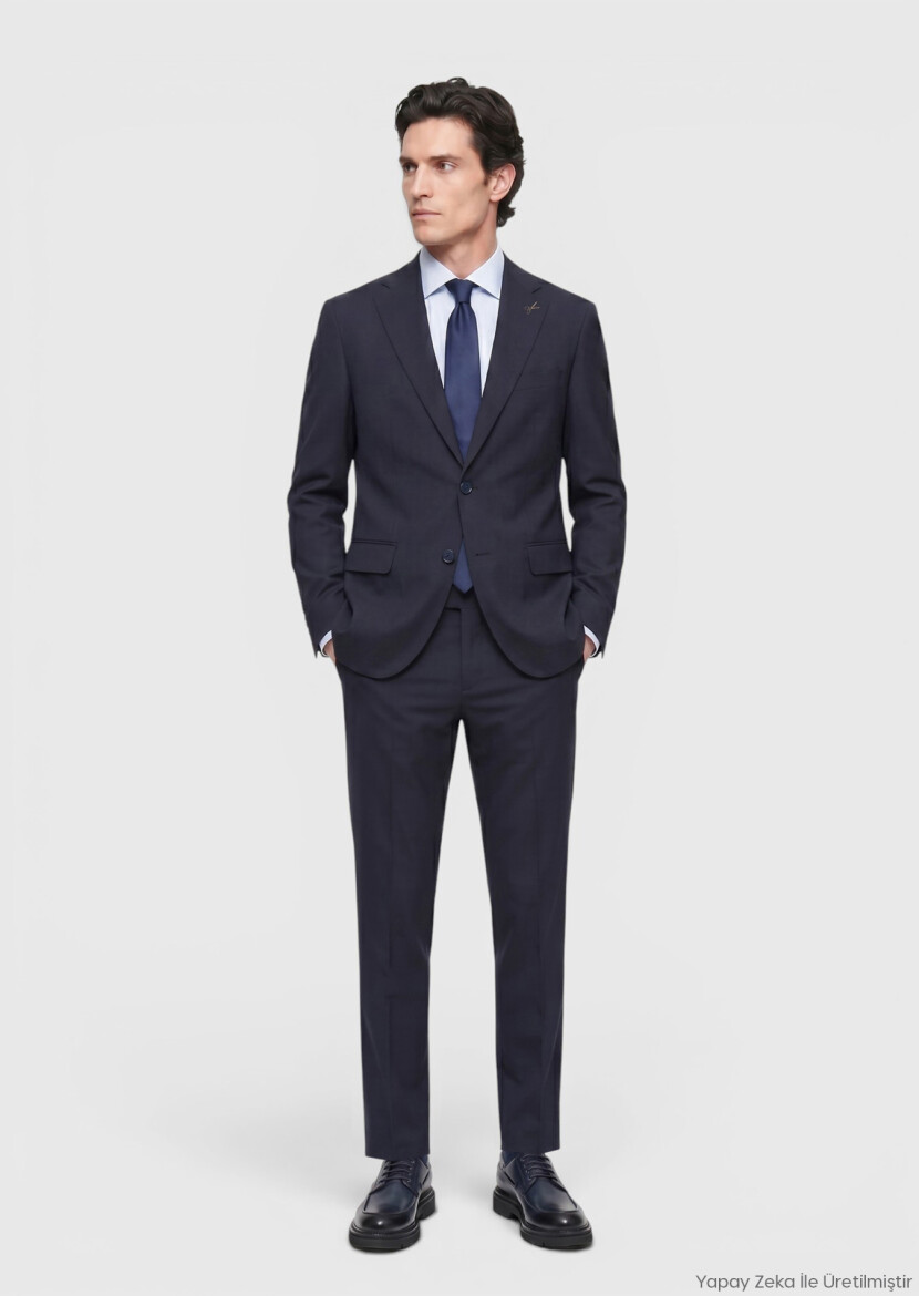 Navy Blue Striped Modern Fit Wool Blended Suit - RAMSEY