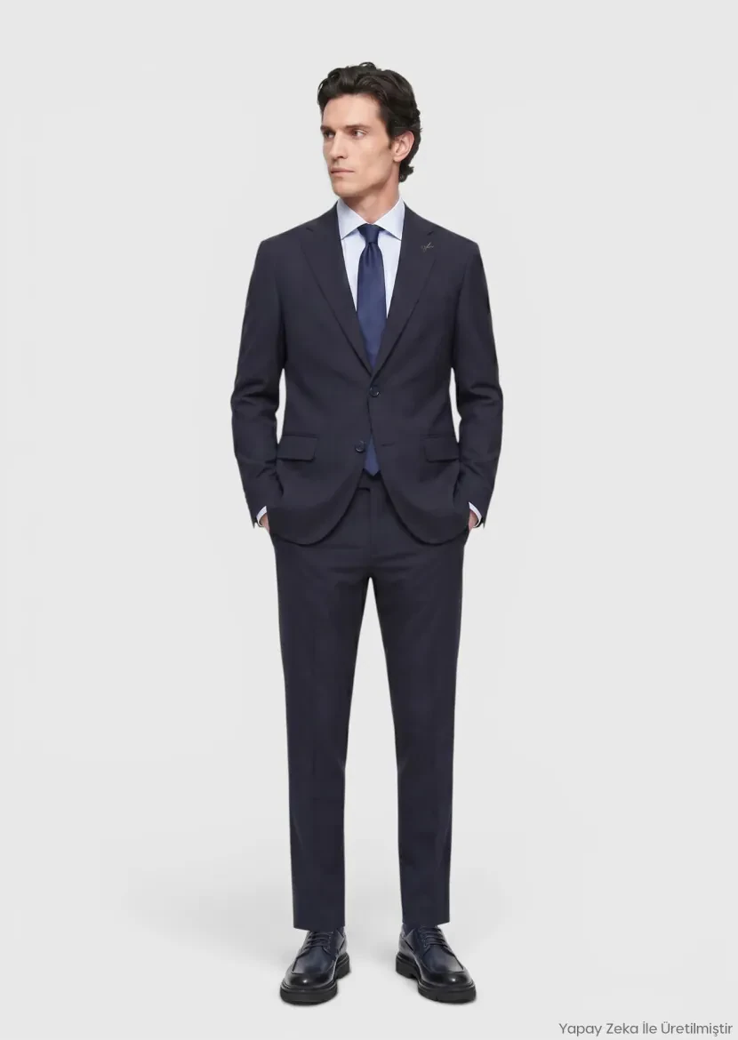 Navy Blue Striped Modern Fit Wool Blended Suit - RAMSEY
