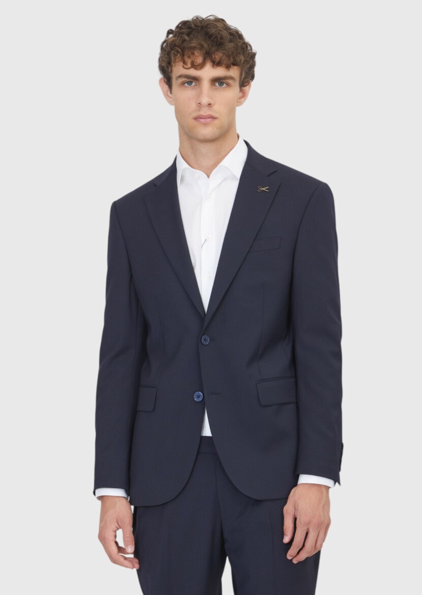 Navy Blue Striped Modern Fit Wool Blended Suit - RAMSEY