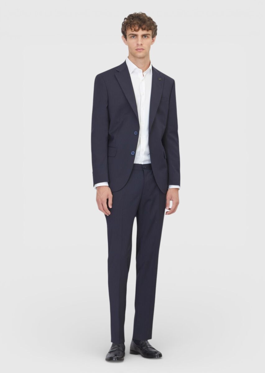Navy Blue Striped Modern Fit Wool Blended Suit - 2