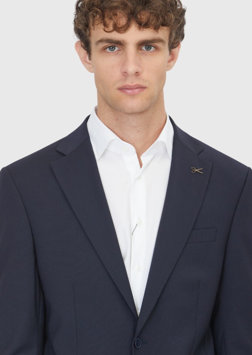 Navy Blue Striped Modern Fit Wool Blended Suit - 3