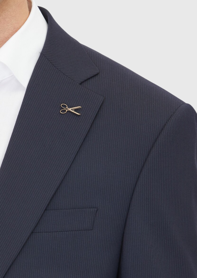 Navy Blue Striped Modern Fit Wool Blended Suit - 4