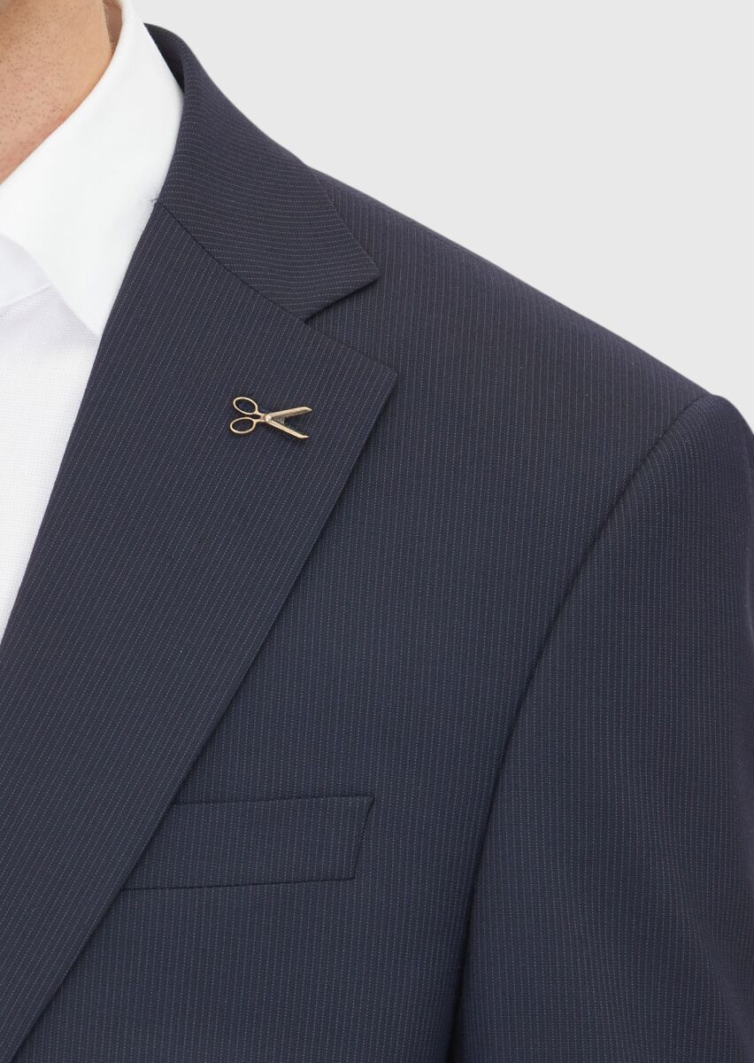 Navy Blue Striped Modern Fit Wool Blended Suit - 4