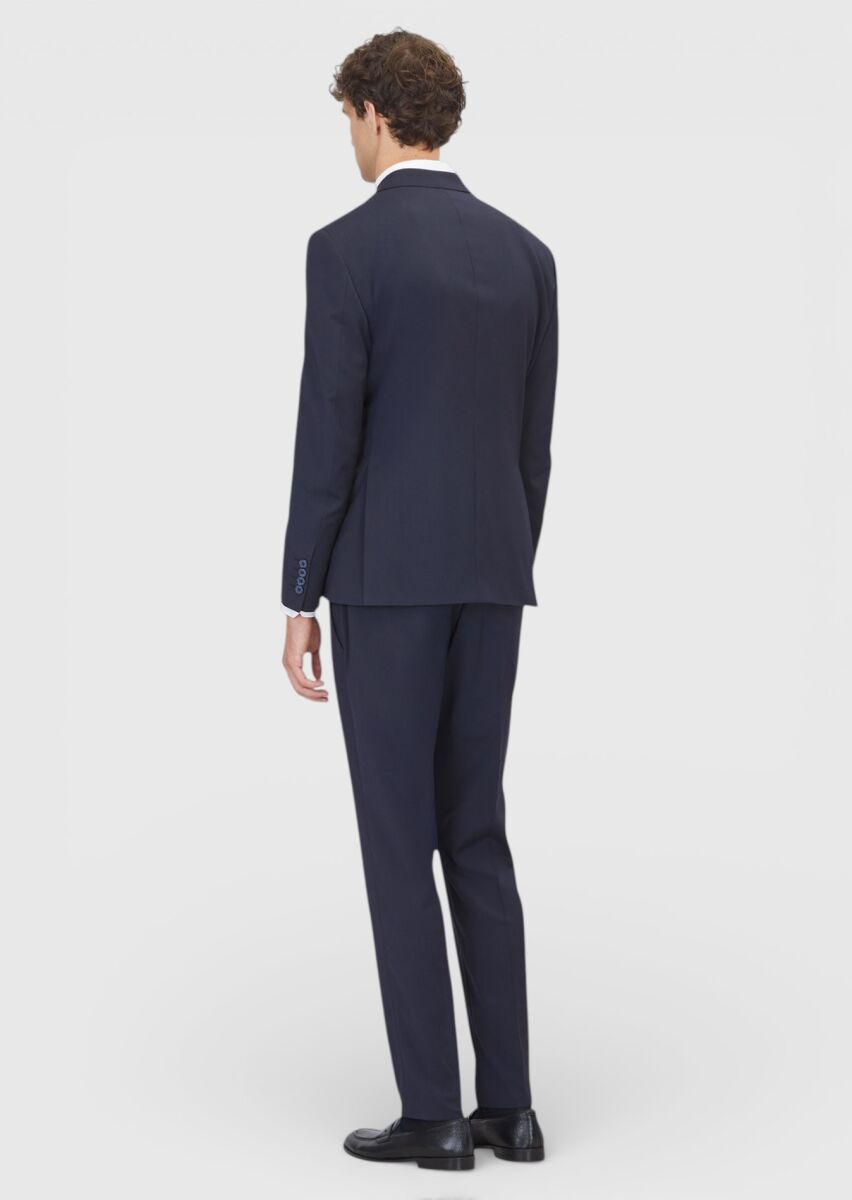 Navy Blue Striped Modern Fit Wool Blended Suit - 6