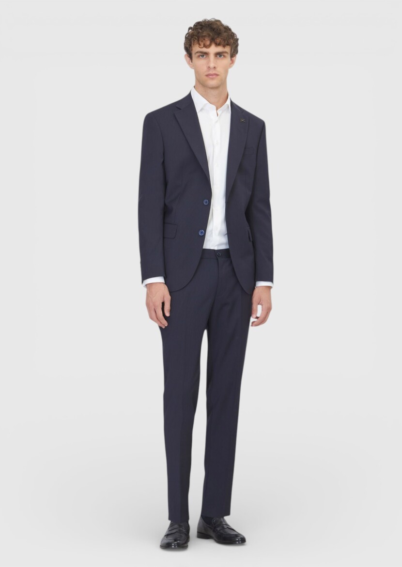 Navy Blue Striped Modern Fit Wool Blended Suit - RAMSEY