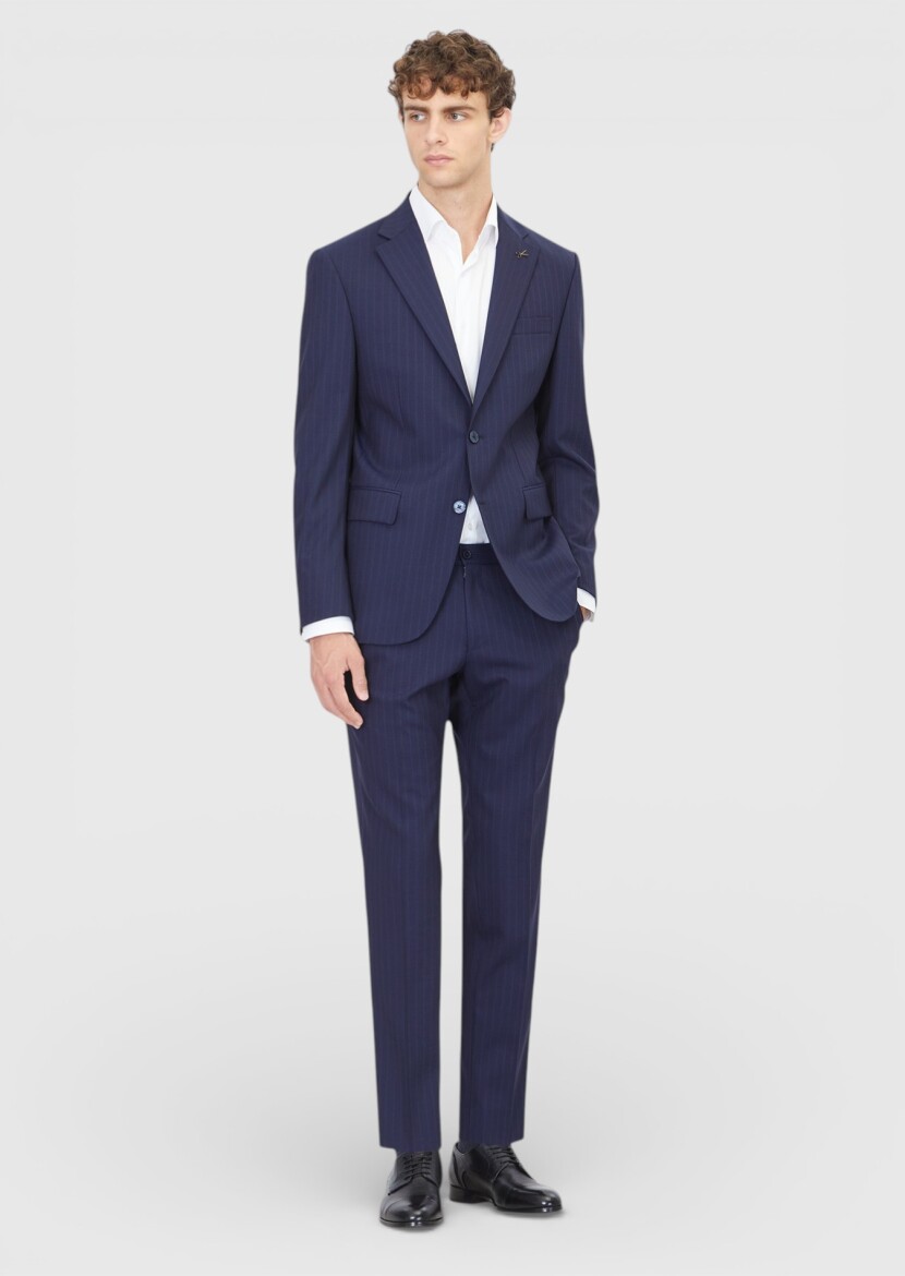 Navy Blue Striped Modern Fit Wool Blended Suit - RAMSEY