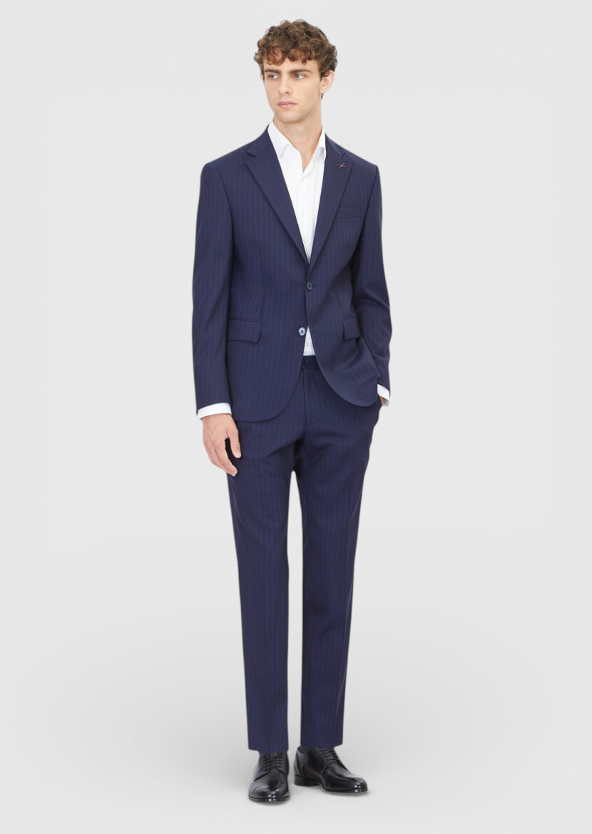 Navy Blue Striped Modern Fit Wool Blended Suit - RAMSEY