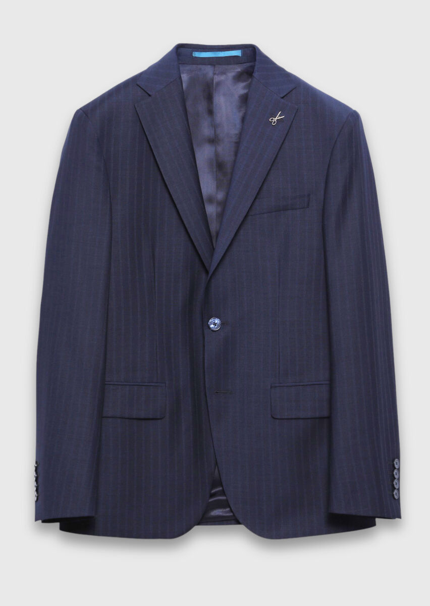 Navy Blue Striped Modern Fit Wool Blended Suit - 7