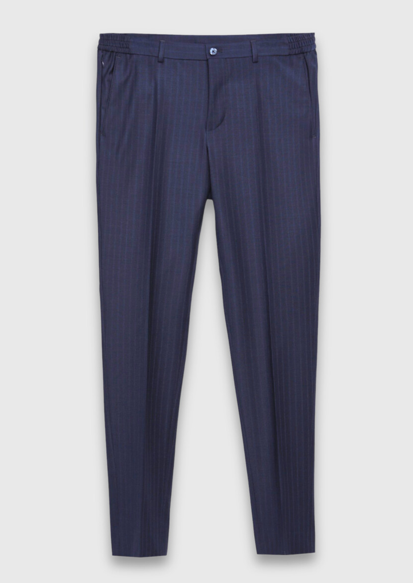 Navy Blue Striped Modern Fit Wool Blended Suit - 8