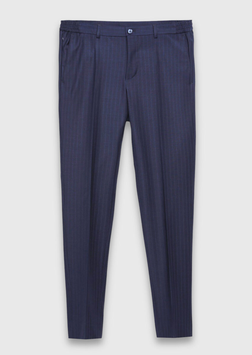 Navy Blue Striped Modern Fit Wool Blended Suit - 8
