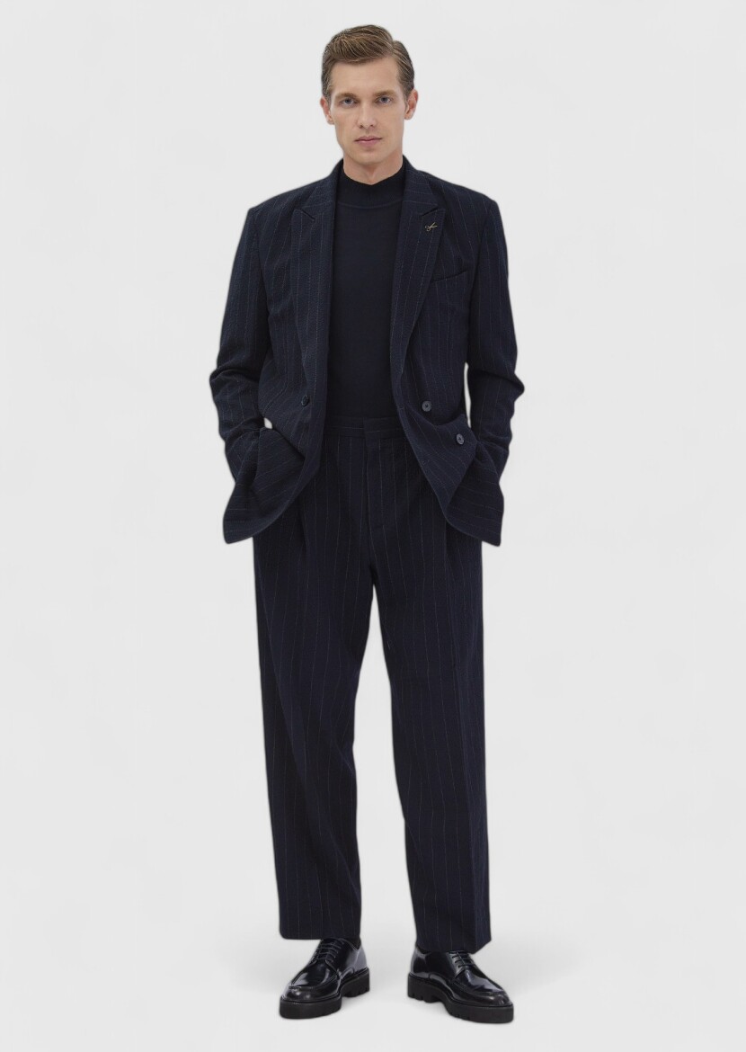 Navy Blue Striped Oversize Fit Cotton Blended Suit - 2